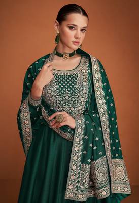 Green designer embroidered heavy premium silk anarkali suit 2