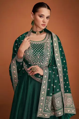Green designer embroidered heavy premium silk anarkali suit