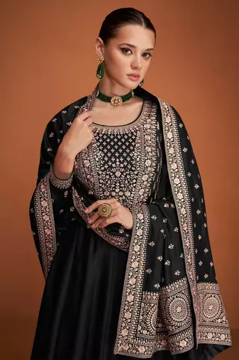 Black designer embroidered heavy premium silk anarkali suit