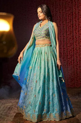 Blue Embroidered Organza Traditional Lehenga
