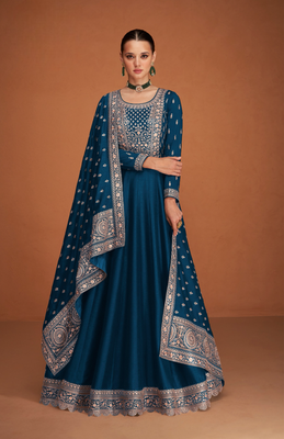 Navy blue designer embroidered heavy premium silk anarkali suit 1