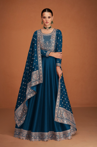 Navy blue designer embroidered heavy premium silk semi stitched anarkali suit