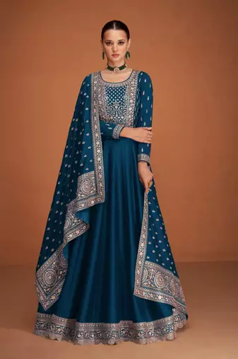 Navy blue designer embroidered heavy premium silk semi stitched anarkali suit
