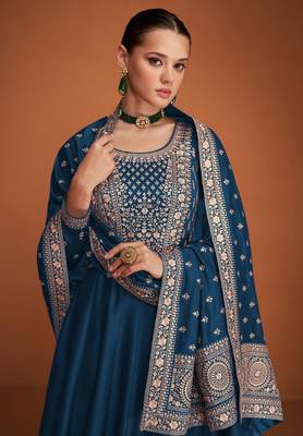 Navy blue designer embroidered heavy premium silk anarkali suit 2