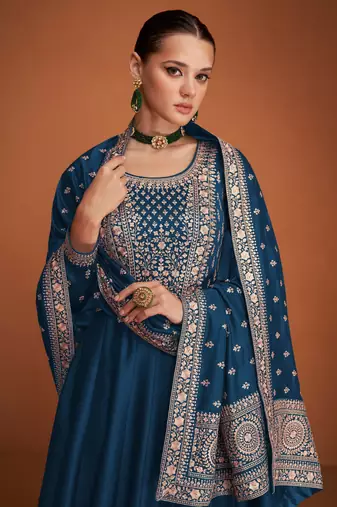 Navy blue designer embroidered heavy premium silk anarkali suit