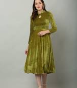 Pavonine olive green color keyhole-neck with fit & flare calf length dress for women
