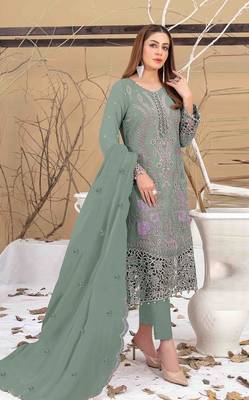 Light green embroidered faux georgette semi stitched salwar suit 1