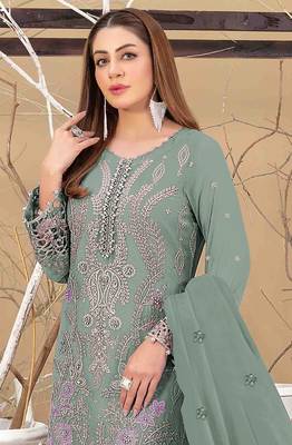 Light green embroidered faux georgette semi stitched salwar suit 2