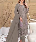 Slate grey embroidered faux georgette semi stitched salwar suit