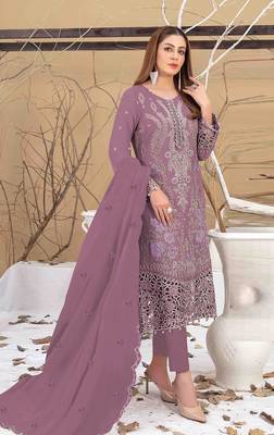 Dark peach embroidered faux georgette semi stitched salwar suit 1
