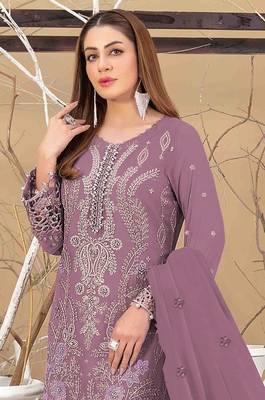 Dark peach embroidered faux georgette semi stitched salwar suit 2