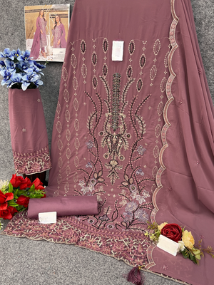 Dark peach embroidered faux georgette semi stitched salwar suit 3