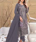 Dark grey embroidered faux georgette semi stitched salwar suit