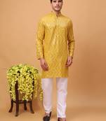 Hangup men kurtaset partywear yellow  rayon viscose embroidered kurtaset