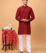 Hangup men kurtaset partywear red rayon viscose embroidered  kurtaset