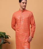 Hangup men kurta partywear orange rayon viscose embroidered kurta