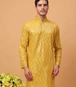 Hangup men kurta partywear yellow  rayon viscose embroidered kurta