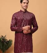 Hangup men kurta partywear dark purple  rayon viscose embroidered kurta