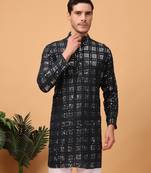 Hangup men kurta partywear black  rayon viscose embroidered kurta