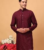 Hangup men kurta partywear maroon  rayon viscose embroidered kurta