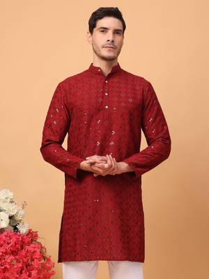 Hangup men kurta partywear red rayon viscose embroidered  kurta 1