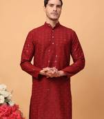 Hangup men kurta partywear red rayon viscose embroidered  kurta