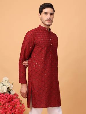 Hangup men kurta partywear red rayon viscose embroidered  kurta 2