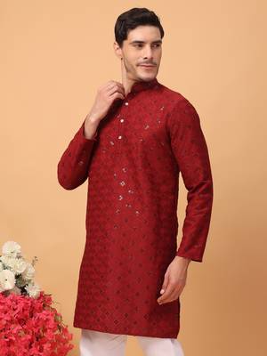 Hangup men kurta partywear red rayon viscose embroidered  kurta 3