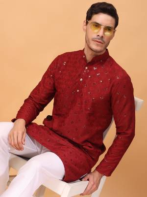 Hangup men kurta partywear red rayon viscose embroidered  kurta 4