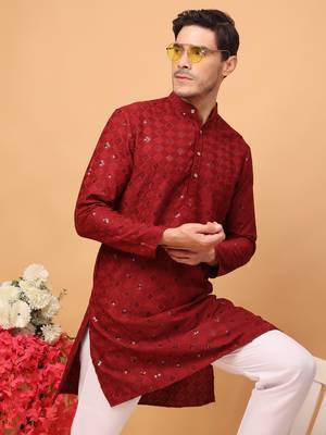 Hangup men kurta partywear red rayon viscose embroidered  kurta 5
