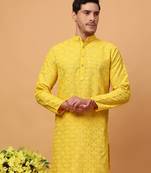 Hangup men kurta partywear yellow  rayon viscose embroidered kurta