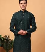 Hangup men kurta partywear olive green  rayon viscose embroidered kurta