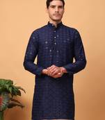 Hangup men kurta partywear navy blue  rayon viscose embroidered kurta