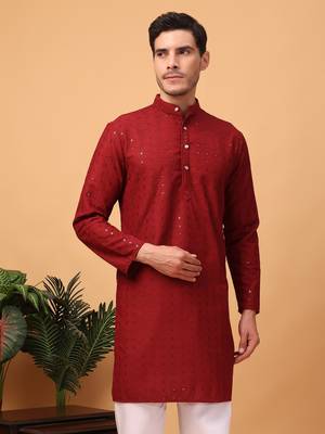 Hangup men kurta partywear red  rayon viscose embroidered kurta 1