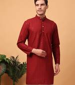 Hangup men kurta partywear red  rayon viscose embroidered kurta