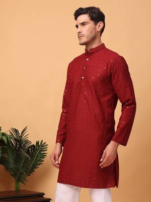Hangup men kurta partywear red  rayon viscose embroidered kurta 2