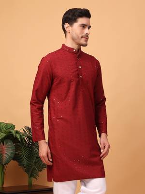 Hangup men kurta partywear red  rayon viscose embroidered kurta 3