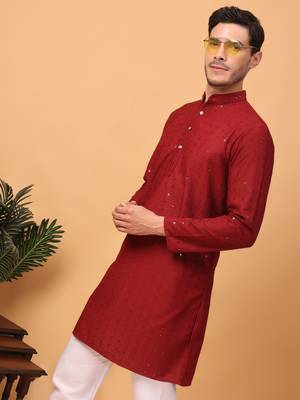 Hangup men kurta partywear red  rayon viscose embroidered kurta 4