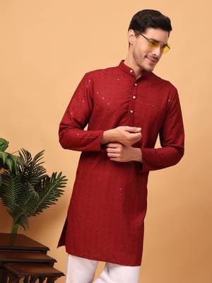 Hangup men kurta partywear red  rayon viscose embroidered kurta 5