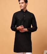Hangup men kurta partywear black  rayon viscose embroidered kurta