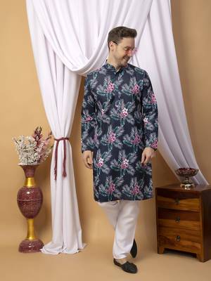 Hangup men casual  printed cotton kurta-pajama 4