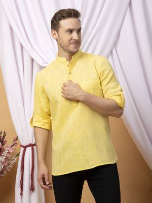 Yellow linen solid short kurta 1