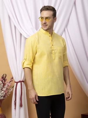 Yellow linen solid short kurta 3