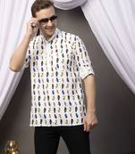 White  blended printed short kurta