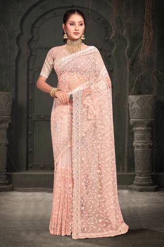 Peach Resham sequin Embroidery Work Net Saree