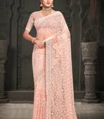 Peach Resham sequin Embroidery Work Net Saree