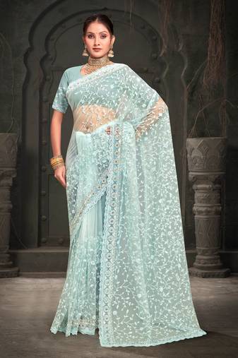 Sky Blue Resham sequin Embroidery Work Net Saree