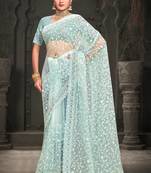 Sky Blue Resham sequin Embroidery Work Net Saree