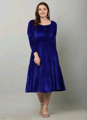 Pavonine royal blue color buttons closure with fit & flare calf length dress for women 1