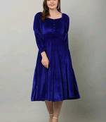 Pavonine royal blue color buttons closure with fit & flare calf length dress for women